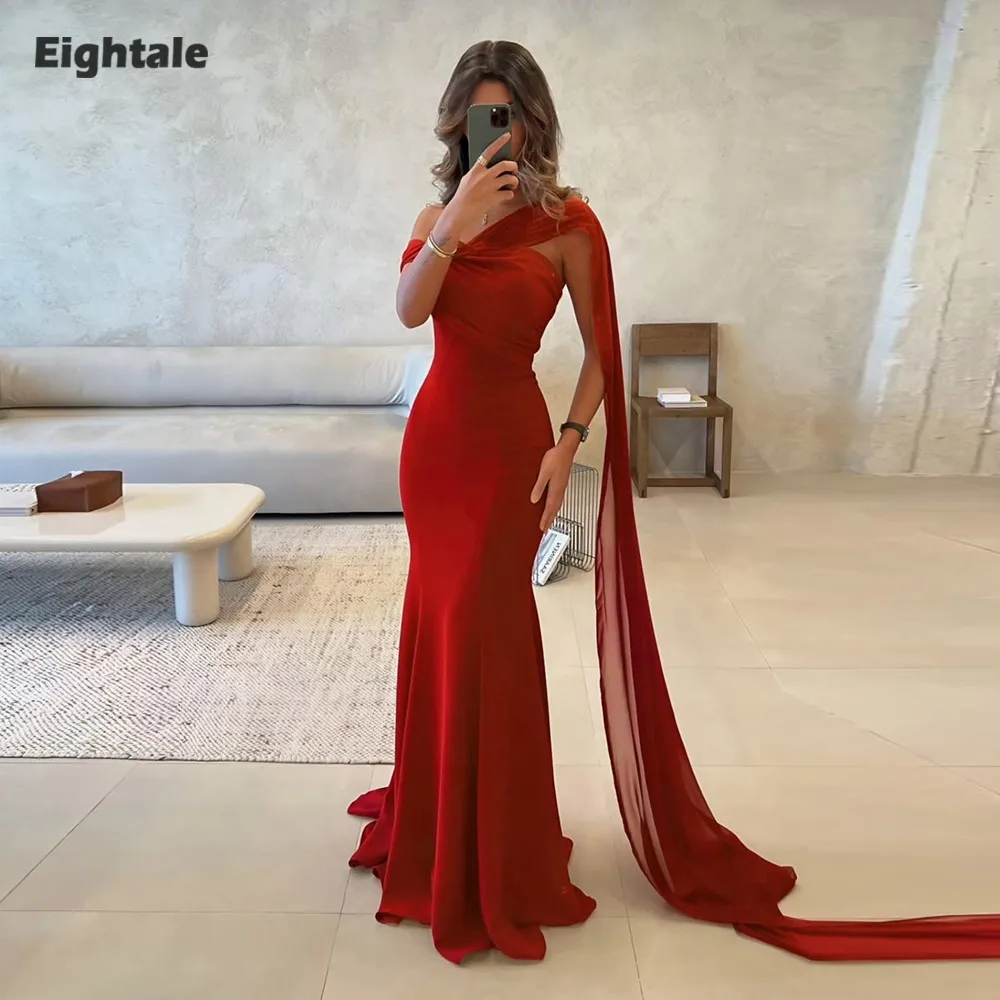 

Eightale Arabic Evening Dresses for Wedding Party One Shoulder Customized Chiffon Red Floor Length Mermaid Muslim Prom Gowns
