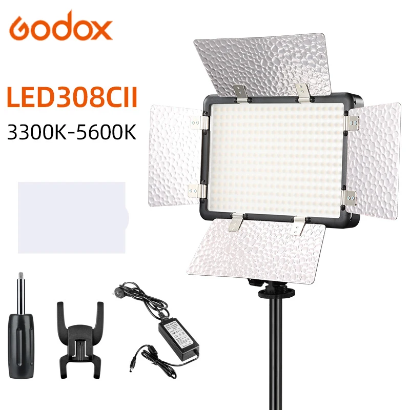 Godox LED Video Light LED308 LED308C II 3300K-5600K Photography Lamp + 2M Light Stand +NP550 750 950 Battery For Photo Studio