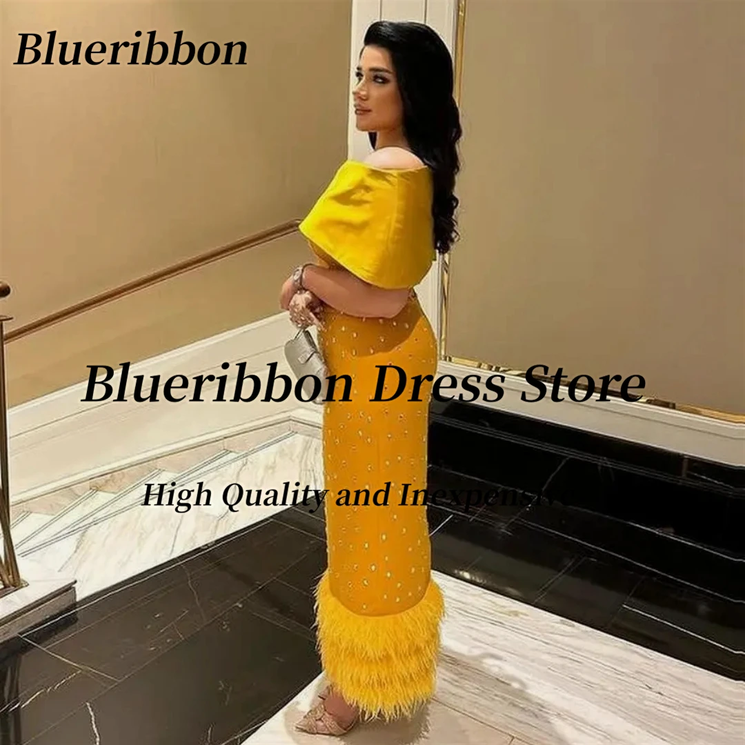 Blueribbon Handmade Beaded Feathers Luxury Evening Dresses Bateau Neck Prom Party Dress Saudi Arabia Women Vestidos De Noches