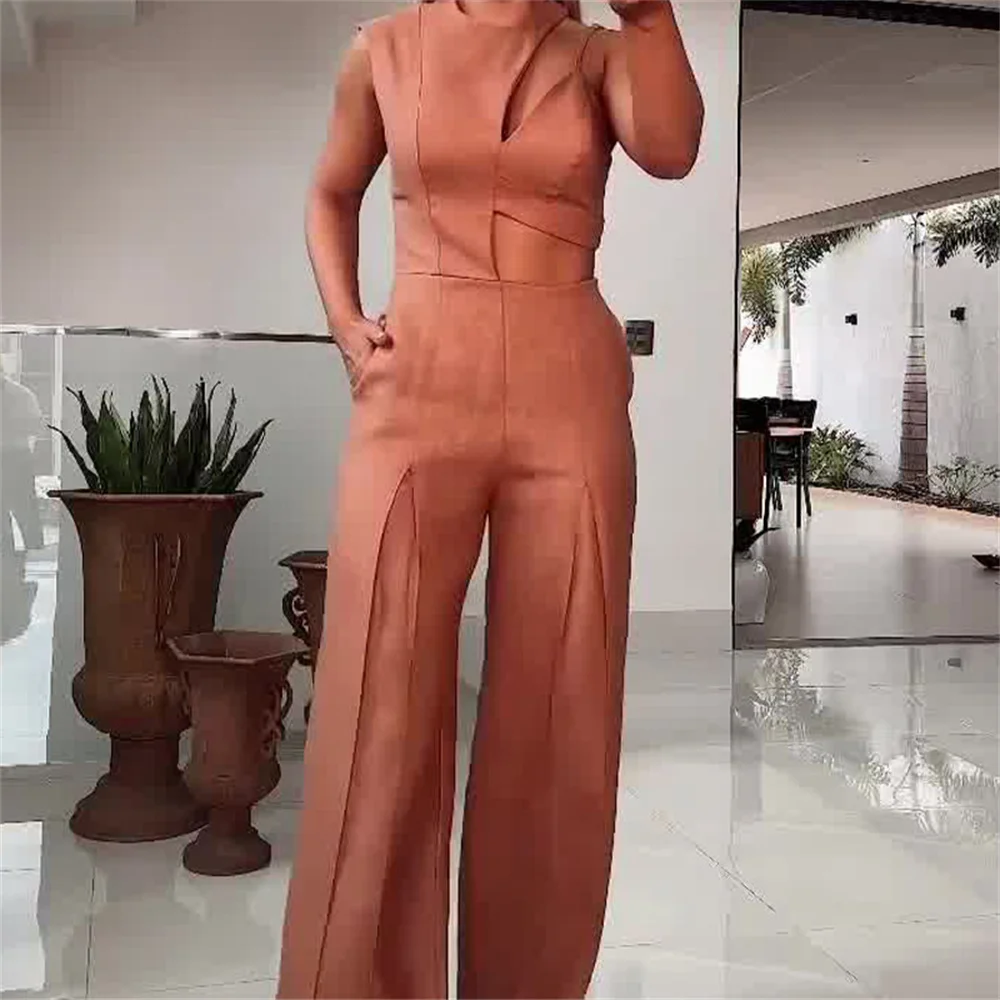 Elegant Solid Hollow Out Jumpsuits for Women 2024 Summer O Neck Sleeveless Asymmetrical High Waist Office Lady Jumpsuit
