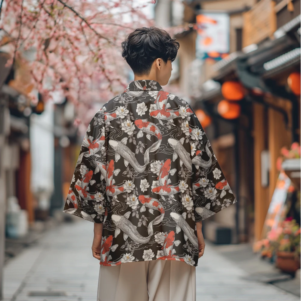 Summer Samurai Kimono Men Stylish Retro Haori Streetwear Kimono Cosplay Japanese Clothes Chic Cardigan Robe Fish Print Yukata