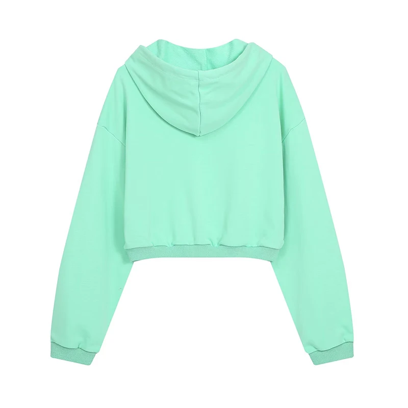 Women Mint Green Cropped Hoodie Long Sleeve Drawstring Hooded  Loose Casual Short Sweatshirt