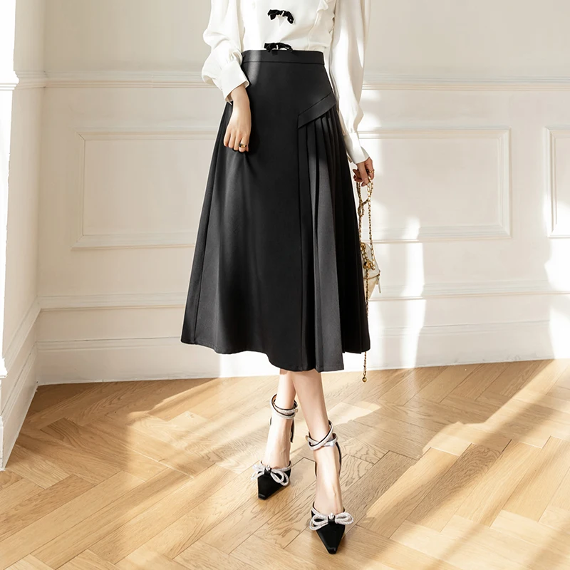 Irregular Pleated Patchwork Women\'s Skirts Summer 2024 Spring New Office Lady A-Line Mid Length Casual Skirts Female Spring