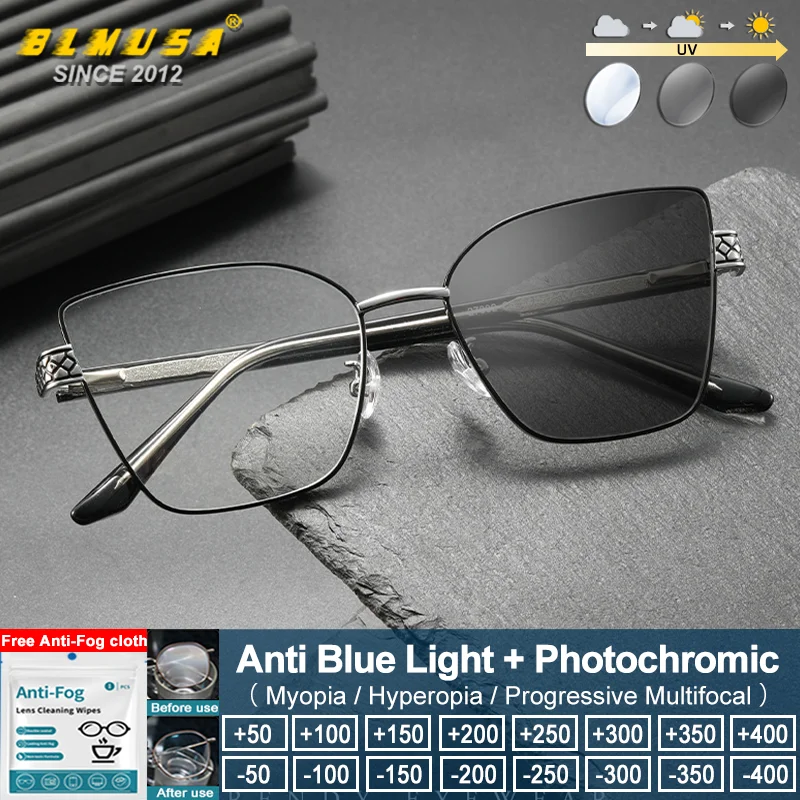 

BLMUSA (L) High Quality Business Women Photochromic Prescription Glasses Butterfly Oversize Frame Anti Blue Ray Reading Eyeware