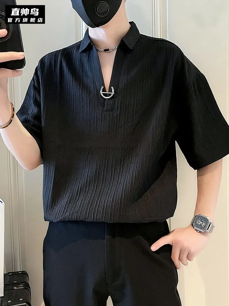 Men POLO Shirt Summer Green Short Sleeved Men's Style Chaopai Pi Shuai Ice Shreds V-neck T-shirt New