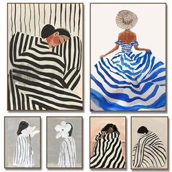 Black & White Woman in Stripes Abstract Flower Canvas Painting Wall Art Poster for Living Room Home Decor Cuadros