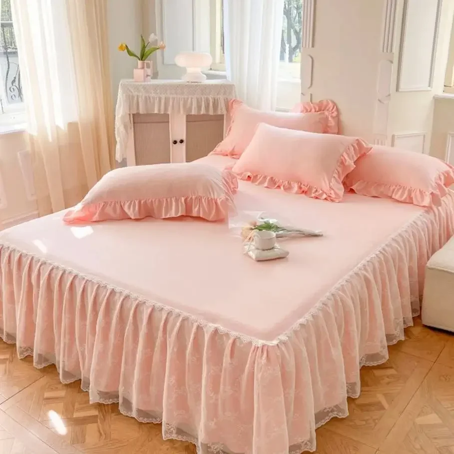 

White Lace Bed Sheet Skirt Queen/King Size Bed Cover Solid Color Plain Bedspreads For Double Bed(pillowcase need order)