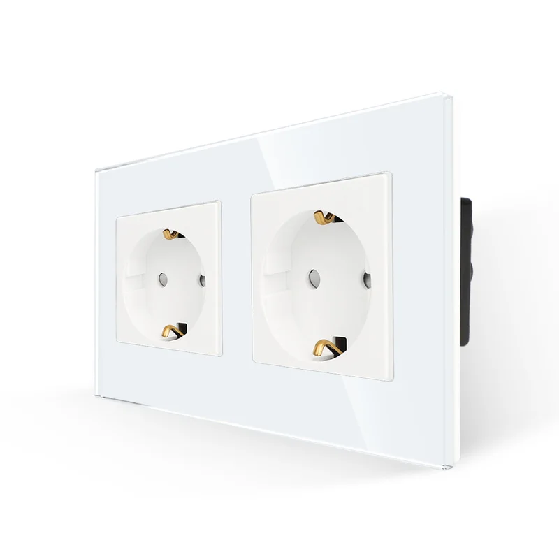 Bingoelec EU Standard Double Socket Germany Type 16A Wall Socket White Crystal Toughened Glass Panel 86*157mm 220V AC