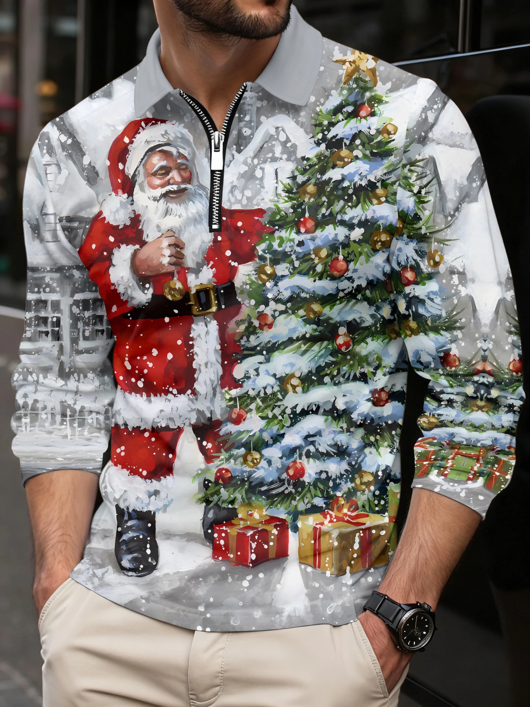 

Men's Christmas Tree Santa Claus Casual 3D Printed Polo Shirt Buttons Long Sleeve Polo