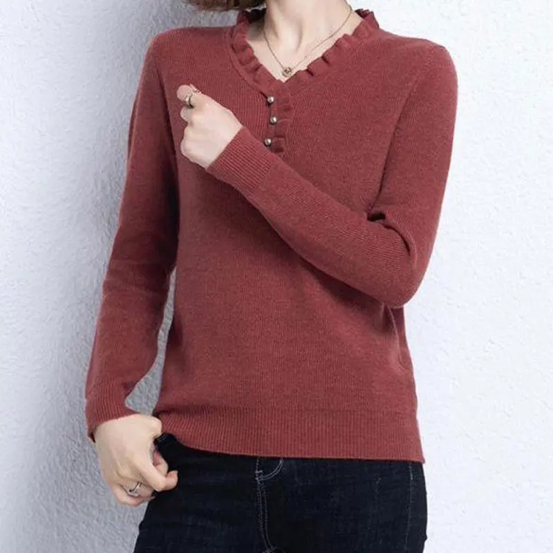 

Basic Korean Solid Color Sweaters Autumn Winter Long Sleeve Female Clothing Casual V-Neck Stylish Beading Loose Knitted Jumpers