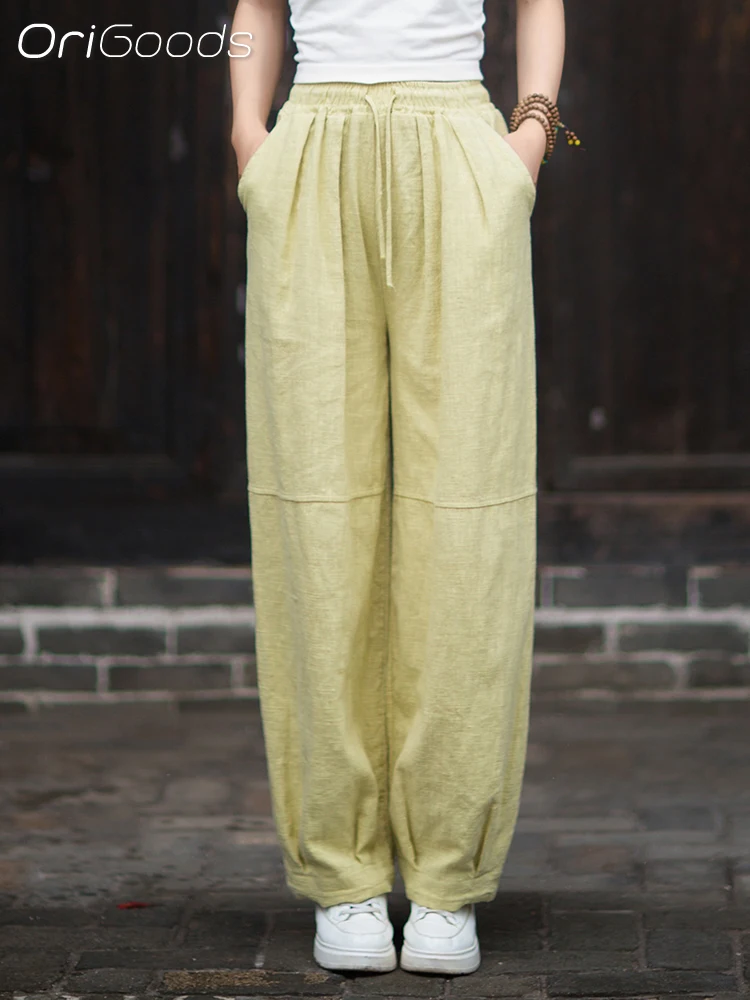OriGoods Ramie Baumwolle Harem Hosen Frau 2025, Herbst Neue Elastische Taille Lose Natürliche Stoff Leinen Lange Hosen Vintage B323