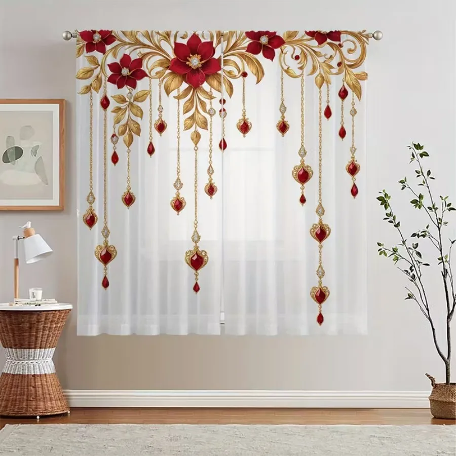 2PCS Digital Print Sheer Curtains, Lovely Red Gold Flower Pendant, Luxury Ornate Floral Style for Bedroom Living Room Home Decor view 5