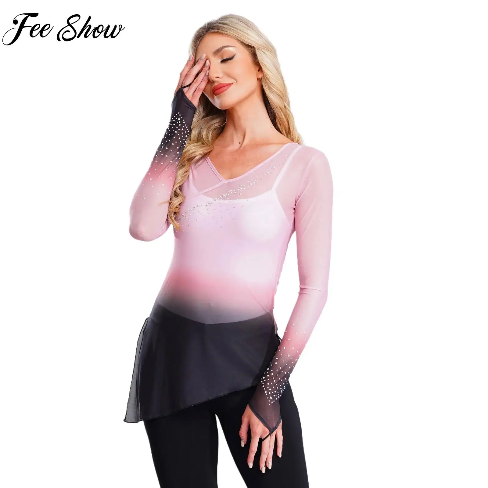 زي أداء ممارسة الرقص الكلاسيكي للسيدات للبالغين بأكمام طويلة وأحجار الراين اللامعة المتدرجة بقماش شفاف ملابس لليوجا