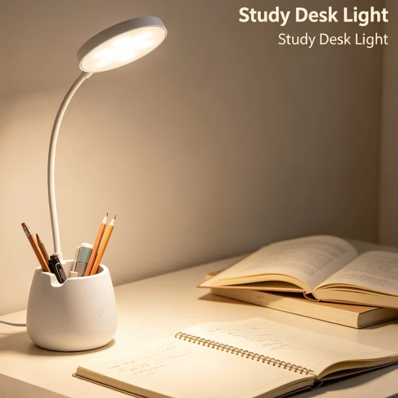 Multifunctional LED Desk Lamp with Pen Holder USB Rechargeable Flexible Neck Touch Control Reading Light for Study Bedroom