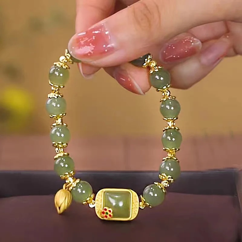 Chinese Style Imitation Hetian Jade Lotus Pendant Bracelet Vintage Beaded Bracelet For Women Light Luxury Fashion Jewelry Gifts