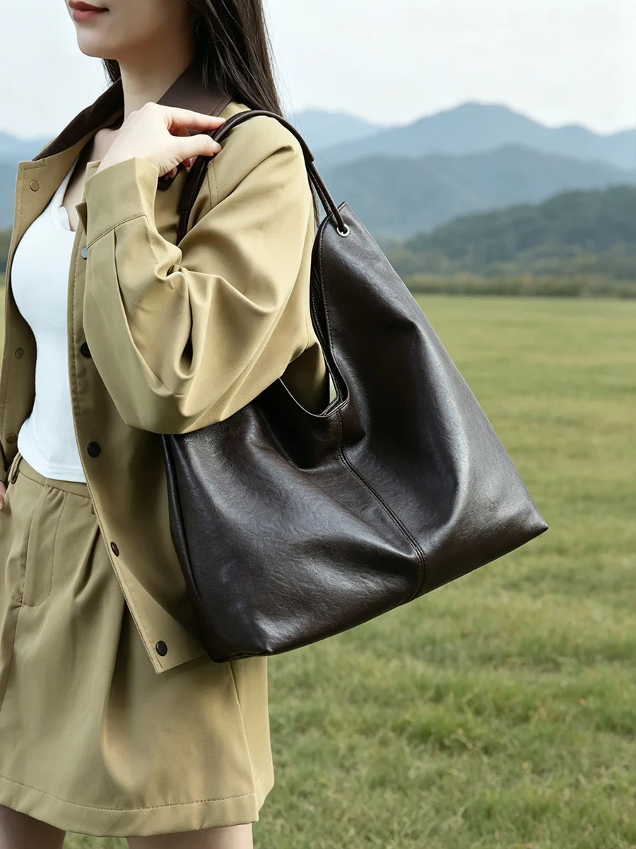 Top-grain Vegetable-tanned Cowhide Handbag New Simple Women Tote Bag Korean Version Relaxed Style Large-capacity Shoulder Bag