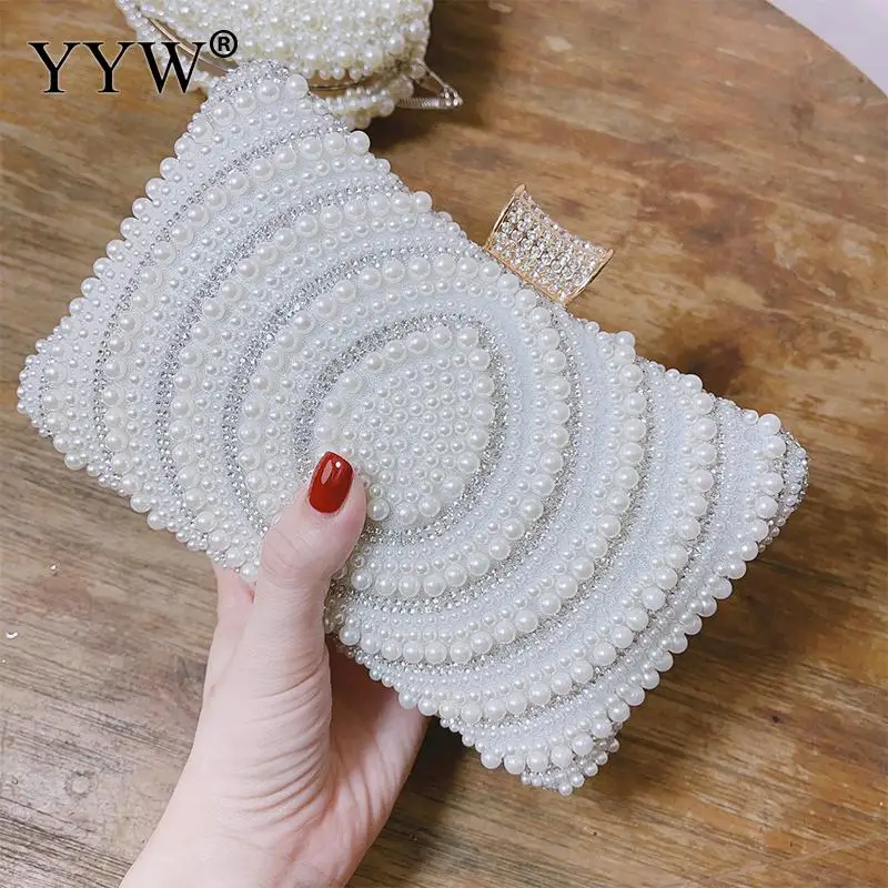 Elegant Full Pearl Beads Evening Clutch Handbag Women Silver Pillow Diamond Envelope Messenger Wallet Purse Lady Party Chain Bag