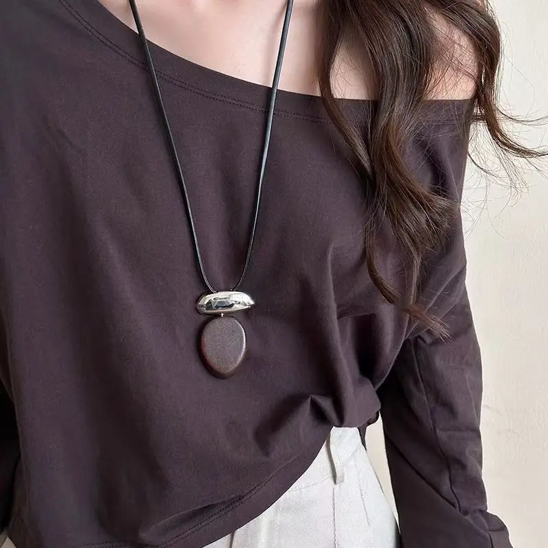 خمر خشبية البيضاوي قلادة قلادة للنساء الحد الأدنى ماتي كتلة معدنية قابل للتعديل الجلود حبل سترة سلسلة مجوهرات #3