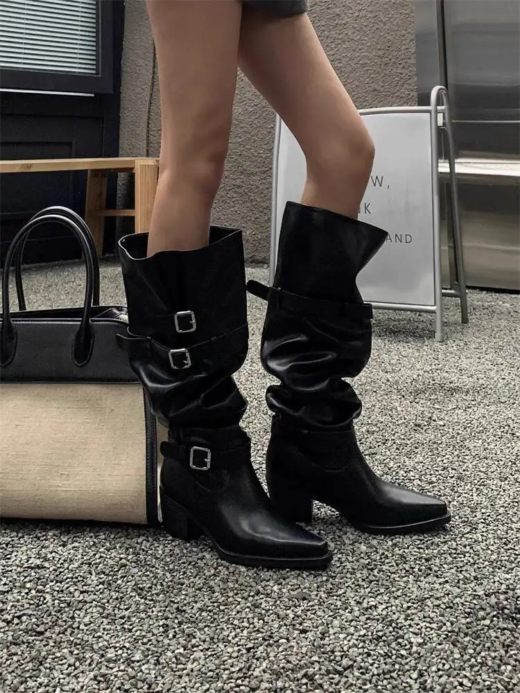 

Women Motorcycle Boost 2025 Autumn Winter New Women's Wide Calf Knee High Boots Block Heel Pointed Toe Belt Buckle Slouchy Boots