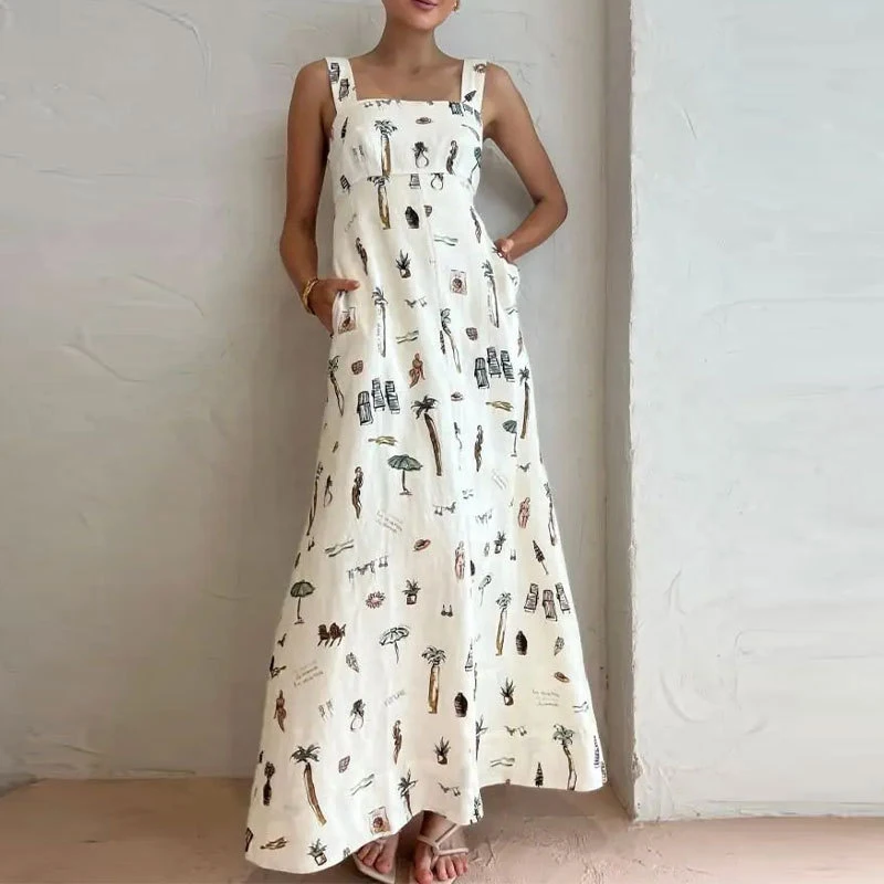 Elegant Summer Floral Milkmaid Maxi Dresses For Women 2024 Sexy Backless Lace Up Bow Square Neck Pocket Casual Long Boho Dresses