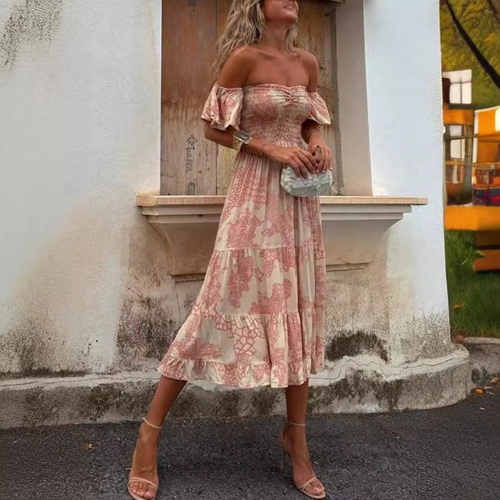 

Women Fashion Hight Waist Slim Bohemian Dress Sexy Strapless Puff Sleeve Long Dress Elegant Pattern Print Pleated Party Dresses