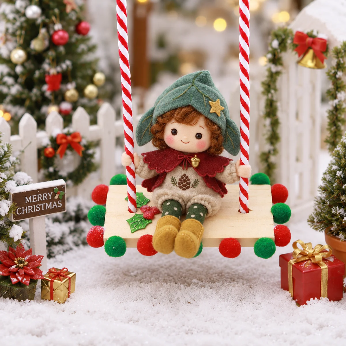 Dollhouse Mini Wooden Swing Christmas Bookshelf Elf Doll Accessorie Miniature Christmas Scene Decor Prop Christmas Party Pendant