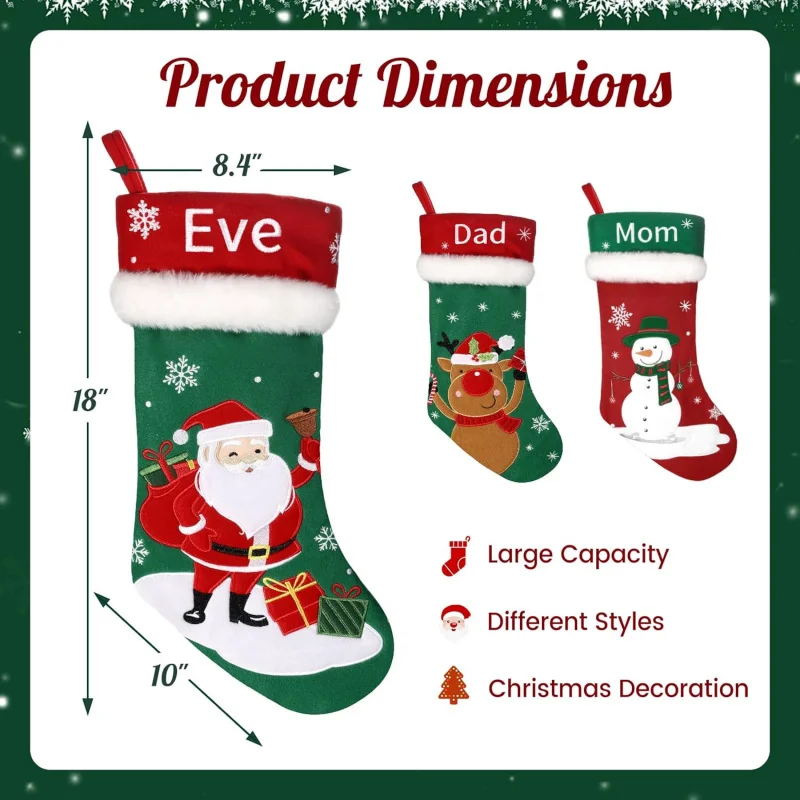 ถุงน่อง ถุงน่องขนาดใหญ่ 18 ชิ้นพร้อมการปักที่สวยงาม สโนว์แมน ซานต้า กวางเรนเดียร์ สีแดงคลาสสิกแบบดั้งเดิม