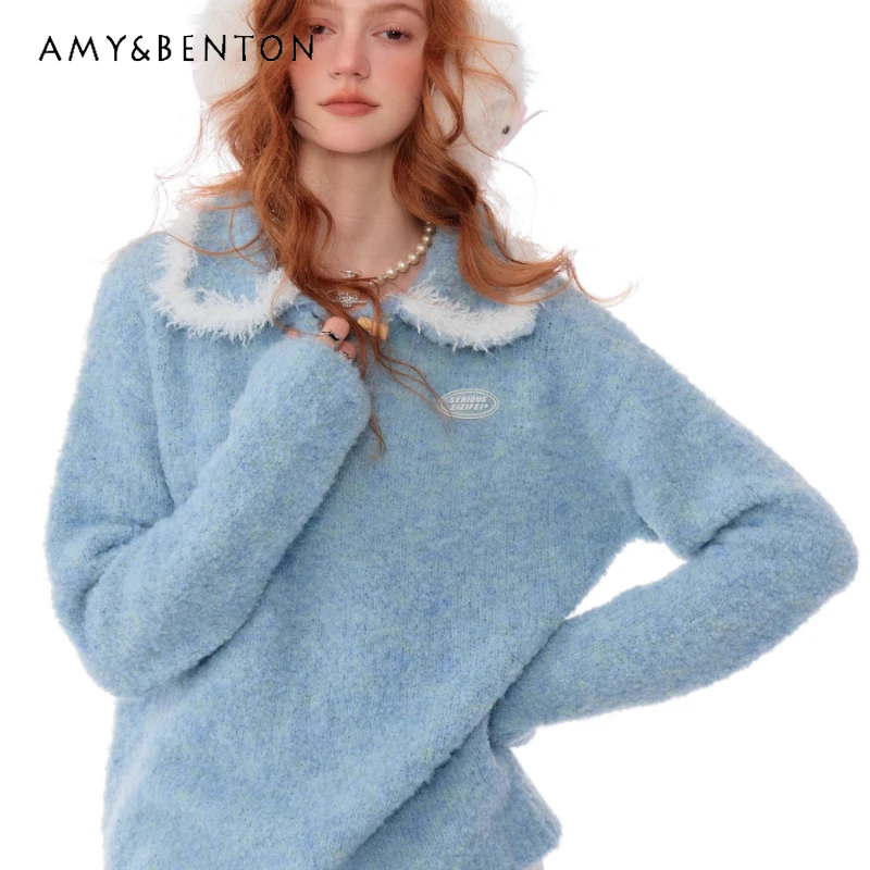 

Autumn Winter New Gentle Thick Blue Loose Women's Pullover American Retro Design Sweet Cute Polo Doll Collar Sweater for Women