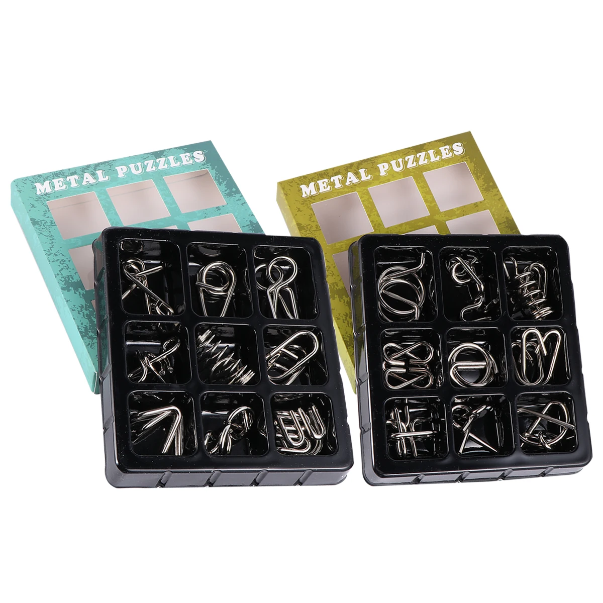 

18pcs 2 Sets Iq Test Mind Metal Brain Teaser Puzzles Chinese Ring Trick For Home Dorm Green Blue Brain Puzzle Buckle Set