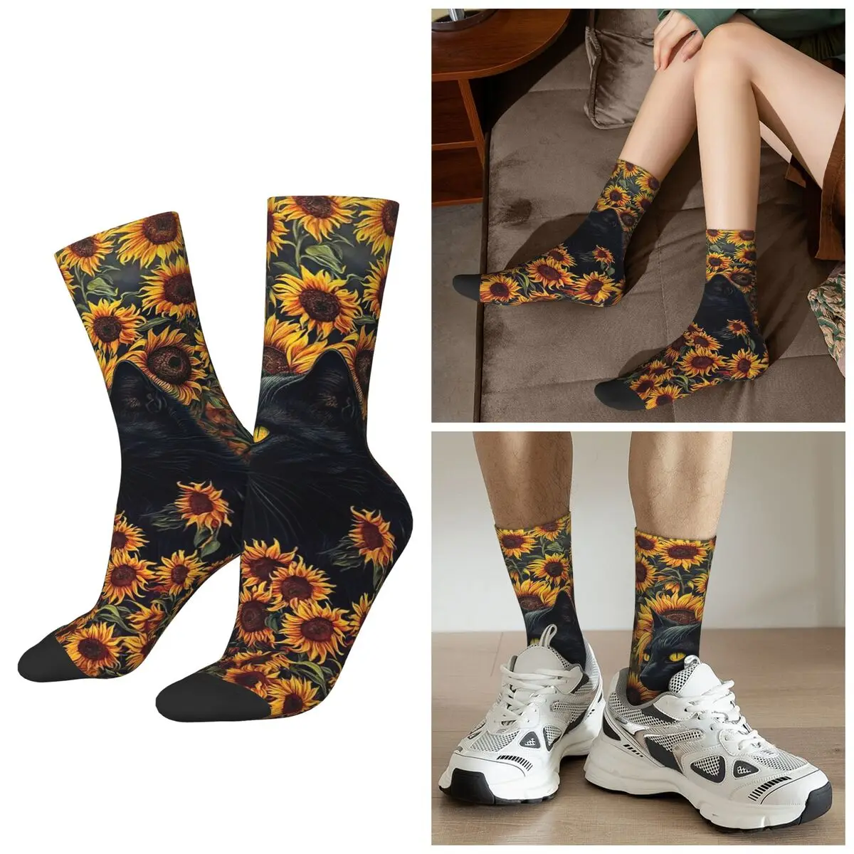 

Всесезонные носки с принтом подсолнечника и кошки в стиле Харадзюку, спортивные носки средней длины, чулки высокого качества для мужчин и женщин, рождественские подарки