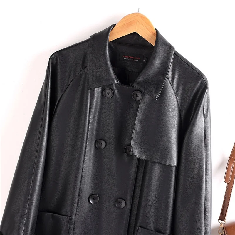 2025 hochwertige Leder Trenchcoat frauen Langen Mantel Herbst Winter Zweireiher PU Windjacke Lose Tops Dame Mäntel