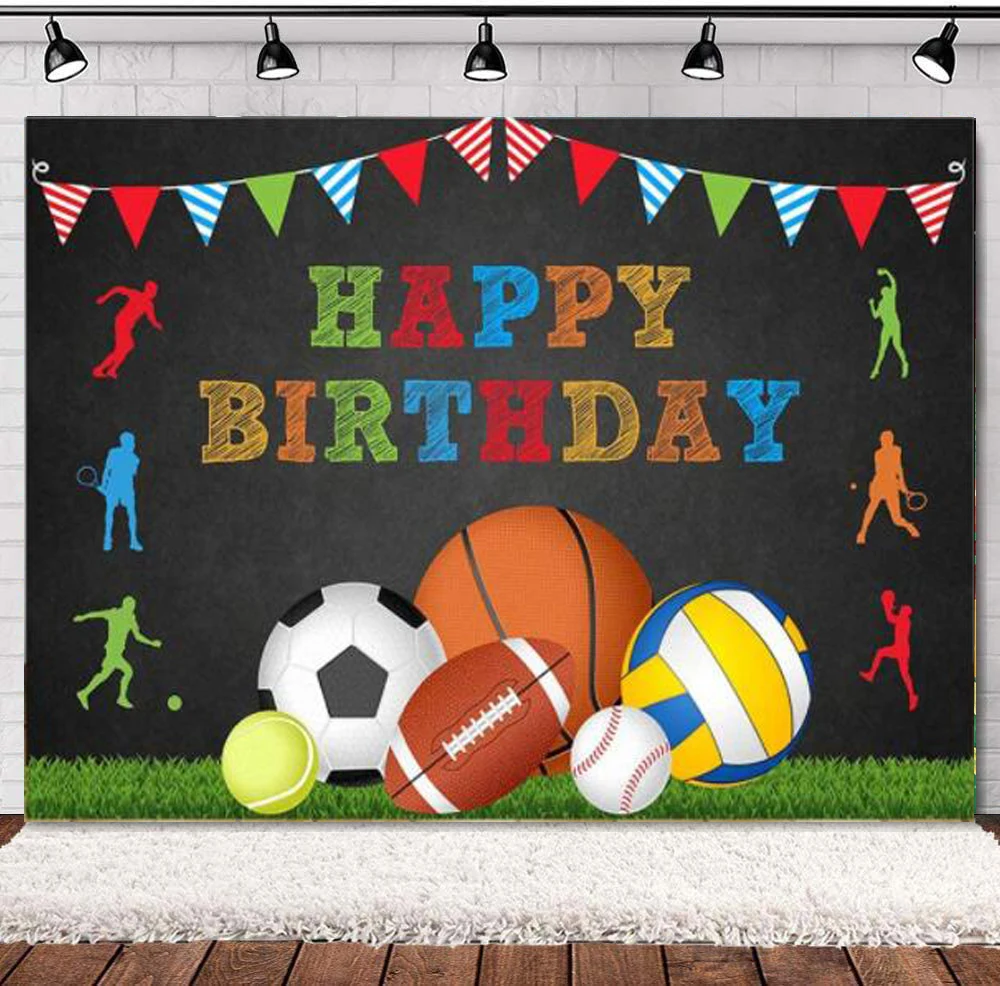 Sports Boy Blackboard Basketball Baseball Soccer Football Tennis Happy Birthday Party Decor Banner Photography Backdrop Poster