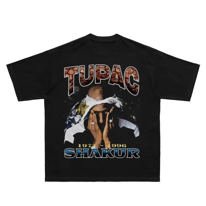 2Pac Hip Hop Portrait Picture Pike Print Vintage Rapper Tupac Short Sleeve Loose T-Shirt Men's Cotton Comfortable and Breathable