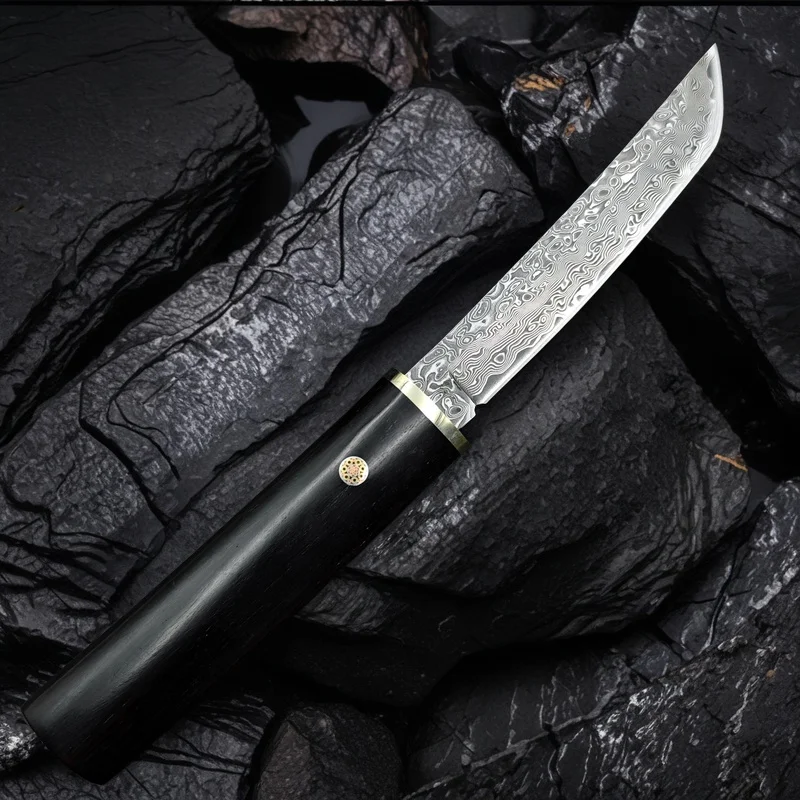 Handmade Damascus Pattern Blade Utility Knife, High Hardness Sharp Cutting Tool with Black Sheath for Home & Camping
