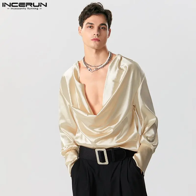 INCERUN Tops 2024 American Style New Men's Fashionable Satin V-neck Shirts Casual Streetwear Male Solid Long Seeved Blouse S-5XL