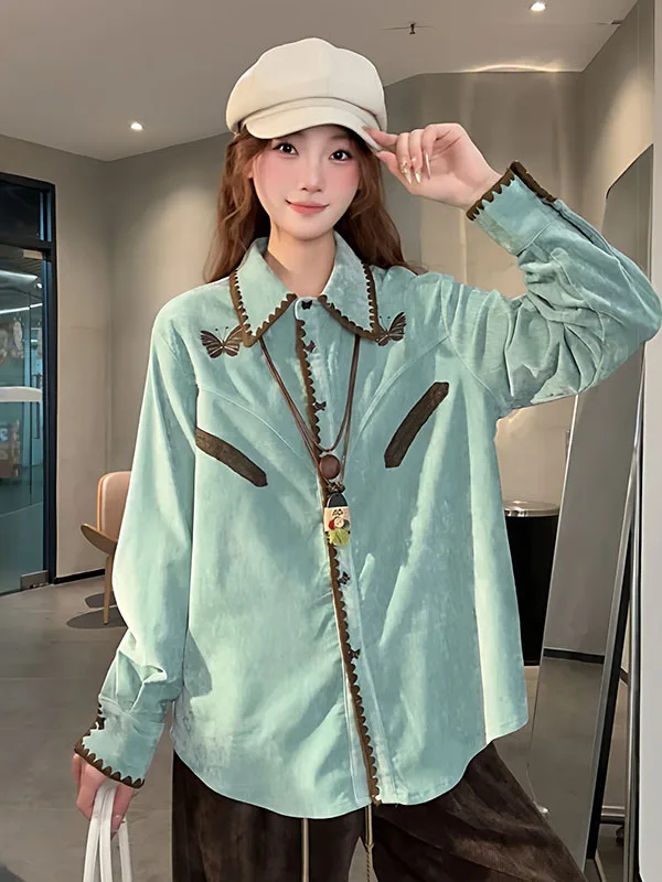 Women's Green Long-sleeve Shirt Embroidered Butterfly Pattern Ruffles Casual Tops Harajuku Autumn Office Lady Commuting Outfit