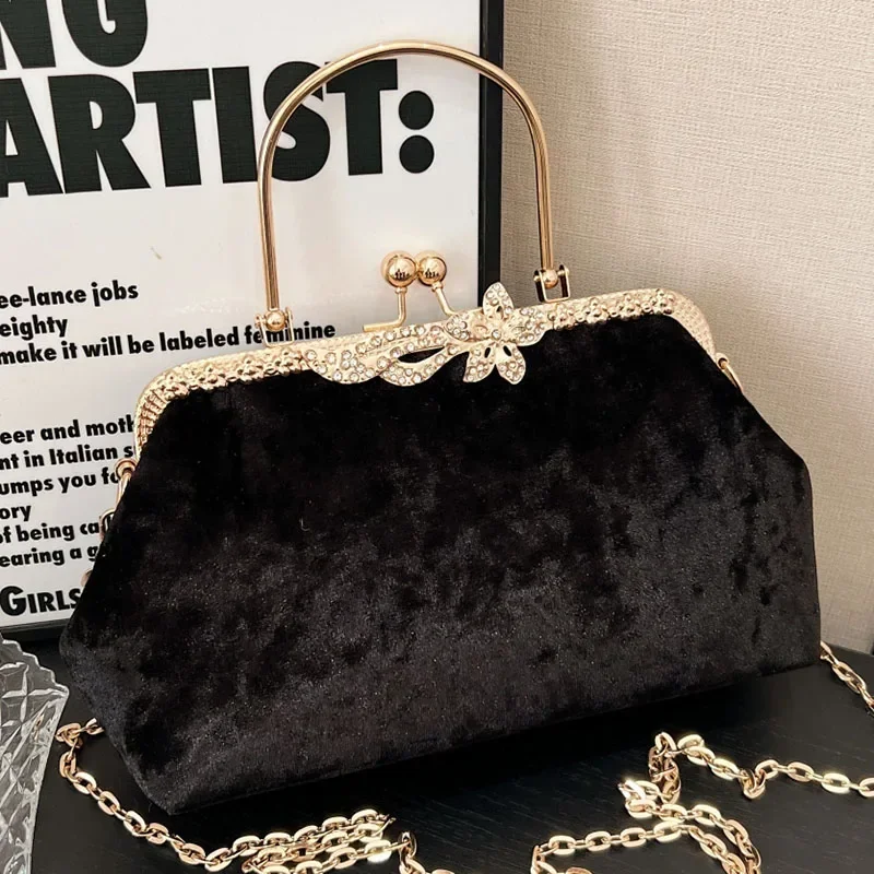 Vintage Women Shell Evening Clutch Wedding Prom Bride Flock Shoulder Bags Purse and Handbags Luxury Female Velvet Messenger Bags