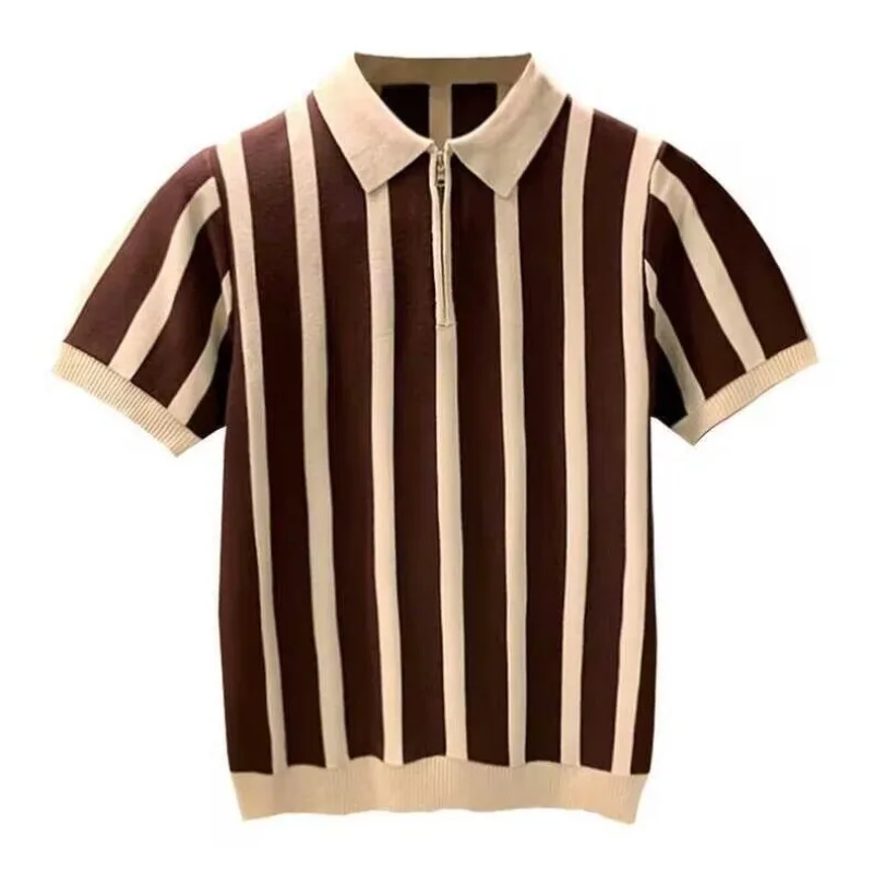 Korean Vintage Summer Short Sleeve Polo Shirt Men\'s Lapel Stripes Personalized Fashion Simple Patchwork Zipper Ice Silk Knit Top