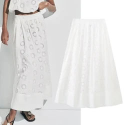 Maxdutti Moroccan Retro Hollow Embroidery Skirt Womens Midi Skirt White Ladies Cotton Casual High Waist