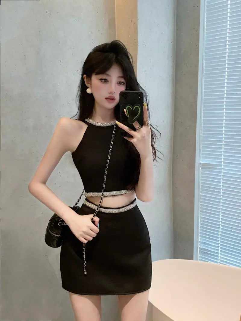 Korejpaa 2025 Summer Two Piece Sets French Style Diamond Studded Halter Vest Crop Top+ High Waist Slim Mini Skirt Sexy Clothes