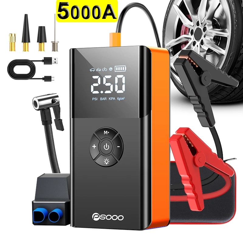 5000a 180 Psi Car Jump Starter Compressor Battery Portable Power Bank Tire Capacitor Booster 12v Emergency Jumper With Air Pump