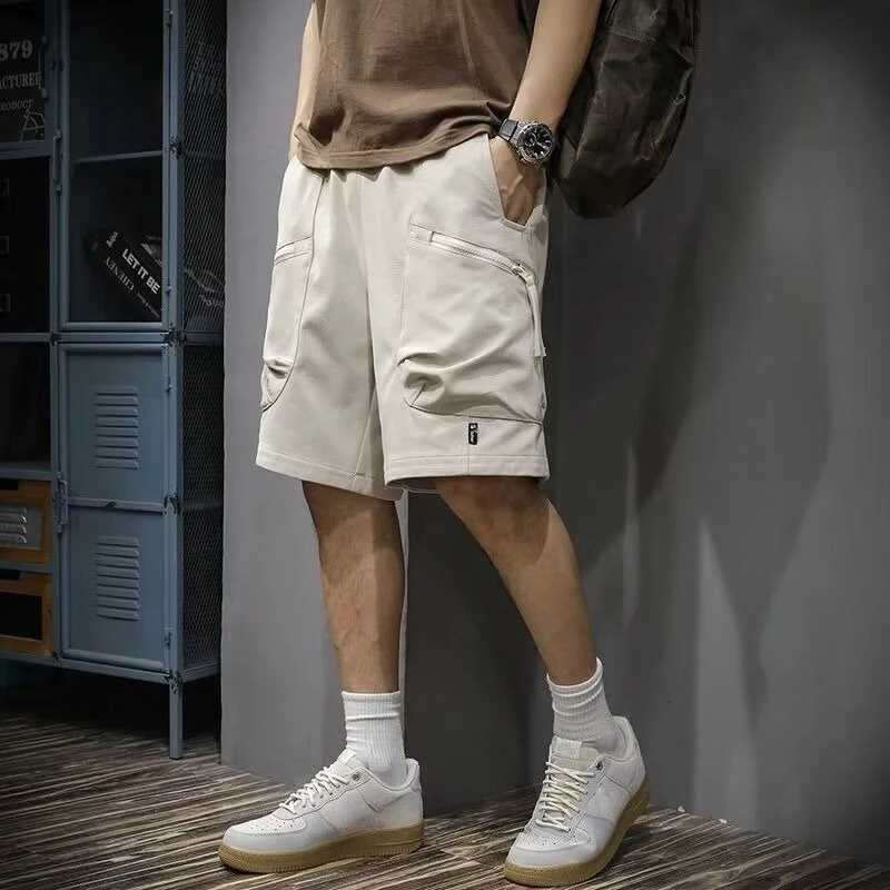 

Elastic Waist Male Short Pants with Zipper Solid Pockets Men's Cargo Shorts Japanese Street Style Distressed Designer Casual Y2k