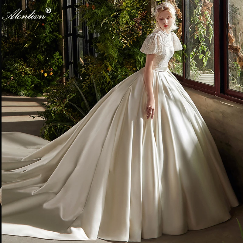 Alonlivn Puff Korte Mouw Baljurk Trouwjurken Kant Van Top Satijn Botton Hoge Kraag Bridal Rok