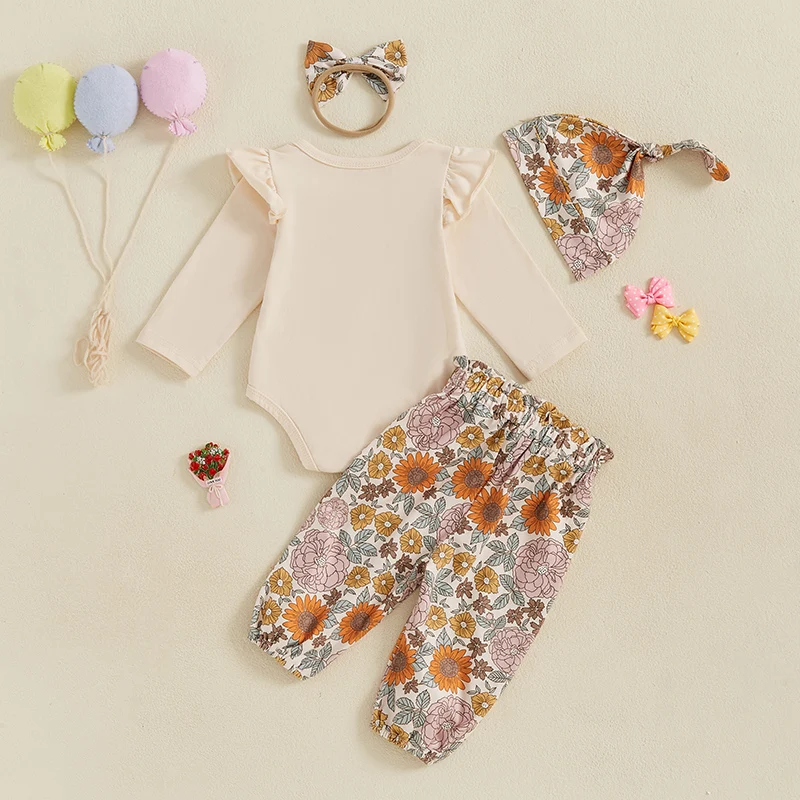 Newborn Baby Girls 4Pieces Outfits Autumn Cute Long Sleeve Letters Print Romper Floral Pants Headband Hat Infants Clothing Set