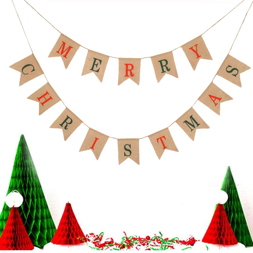 Christmas Party Banner Burlap Merry Christmas Swallowtail Design Hanging Bunting Xmas Pull Flag Home Decor Garlands for Holidays