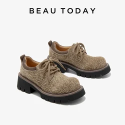 BEAUTODAY Derby Shoes Women Split Leather Lace-up Suede Big Toes Thick Sole Sewing Ladies Vintage Cowboy Shoes Handmade 21996