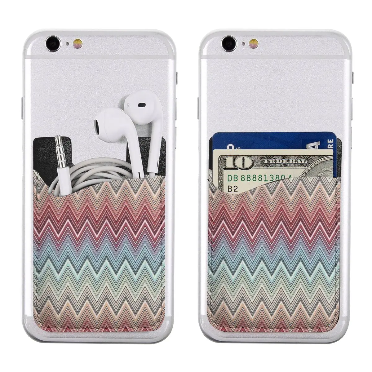 Multicolor Chic Zigzag Cell Phone Card Holder for Back of Phone Custom PU Leather Boho Chic Zig Zag Stick on Wallet Case