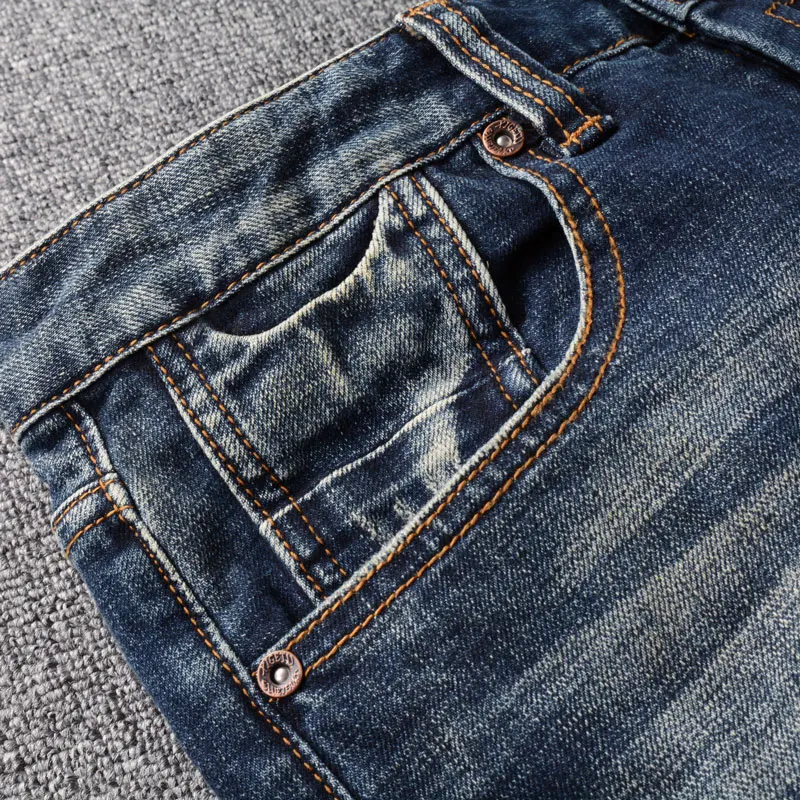 Italian Style Fashion Men Jeans Retro Washed Blue High Quality Stretch Slim Fit Ripped Jeans Men Vintage Designer Denim Pants