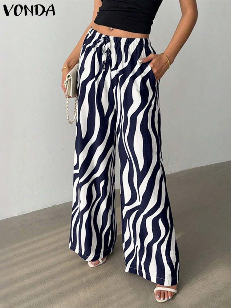 VONDA Pantaloni a gamba larga da donna Pantaloni stampati a righe moda Pantaloni lunghi larghi casual 2025 Pantaloni estivi femminili in vita elastica