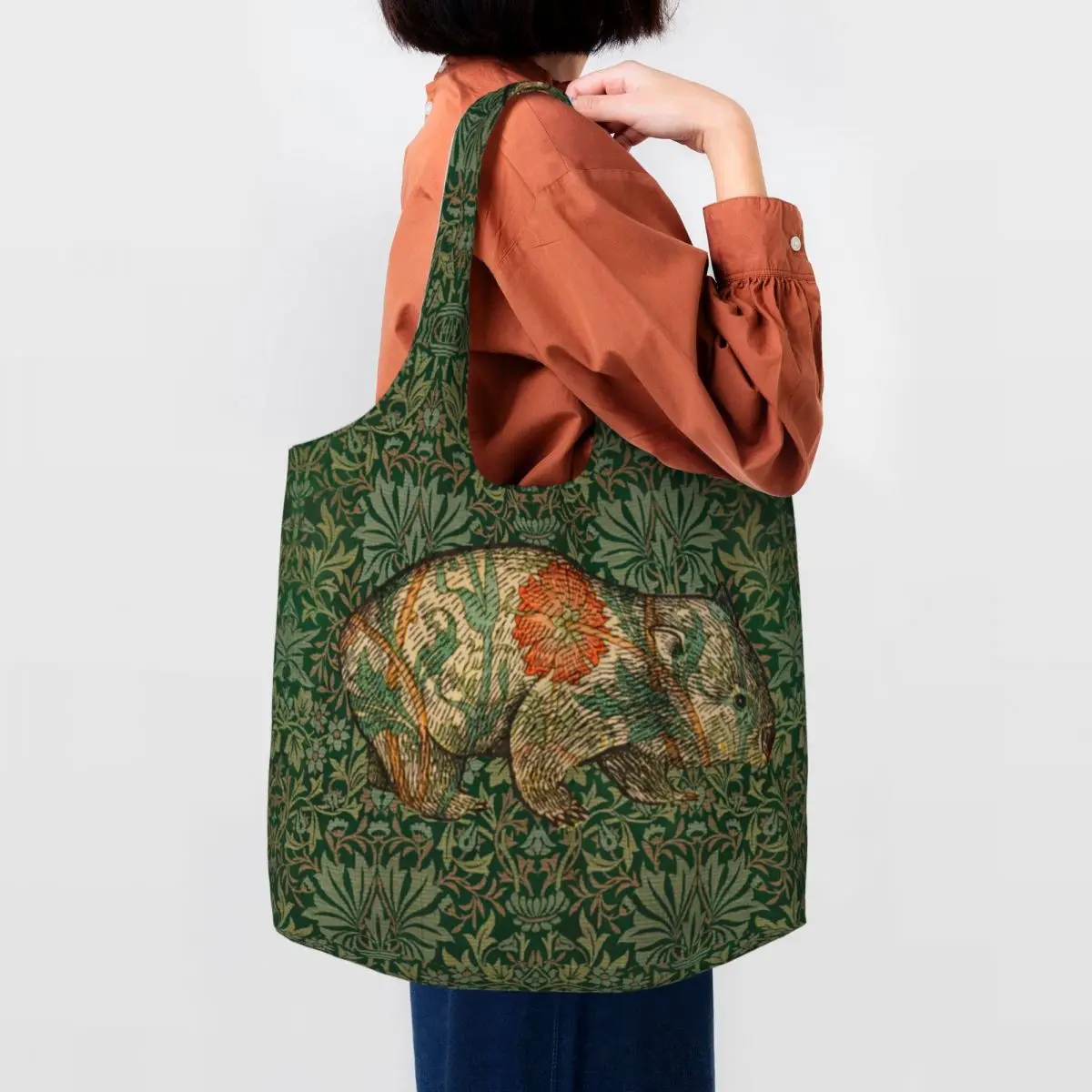 Custom Rossetti\'s Wombat In Green Flower Garden Shopping Tote Bag William Morris Art Grocery Canvas Shopper Shoulder Bag Handbag